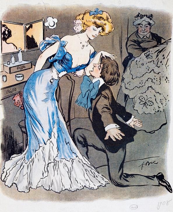 Ferdinand Bac, Unbekannt (Dame, Diva, Eleganz, Garderobe, verliebter Jüngling, Kniefall, Karikatur, witzig, Komisch, Grafik,  Wunschgröße, Treppenhaus, Wohnzimmer)