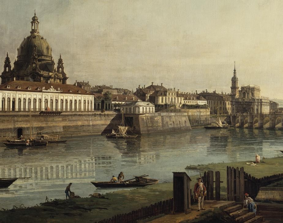 Bernardo Bellotto, Dresden vom rechten Elbufer oberhalb der Augustusbrücke (Städte, Dresden, Saturnbastei, Fluss, Elbe, Architektur, Gebäude, historisch, Malerei, Rokoko, Wohnzimmer, Wunschgröße, Klassiker, bunt)