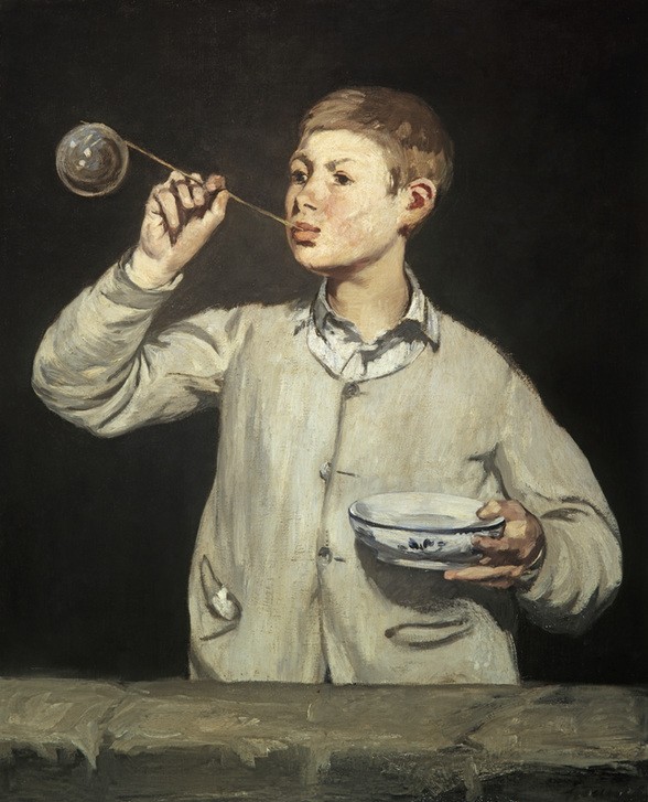 Edouard Manet, Le Garçon à la bulle de savon (Essgeschirr,Kindermode,Kinderspiel,Kind,Mode,Portrait,Schale (Gefäss),Weste,Französische Kunst,Knabe,Strohhalm,Kinderleben,Seifenblase)