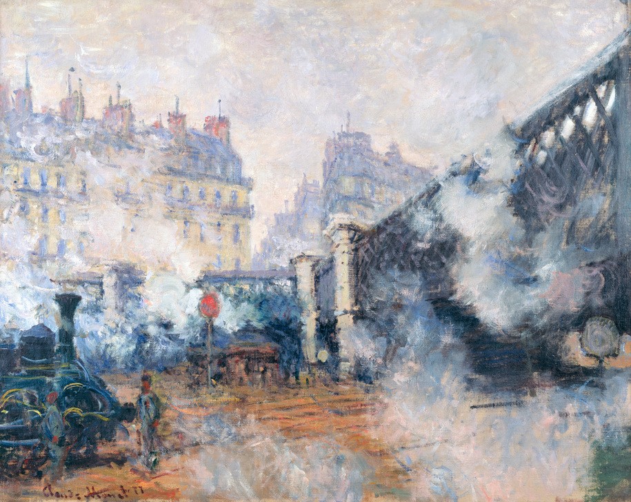 Claude Monet, Le Pont de l’Europe – Gare Saint La– zare à Paris (Brücke,Eisenbahnbrücke,Geographie,Impressionismus,Grossstadt,Eisenkonstruktion,Architekturdarstellung,Französische Kunst,Topographie)