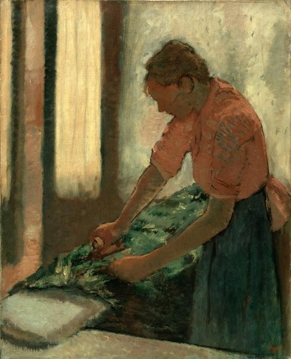 Edgar Degas, Repasseuse (Arbeit,Bügeleisen,Frau,Hausarbeit,Mensch,Impressionismus,Französische Kunst,Bügeln,Frauenleben,Bügelbrett,Büglerin)