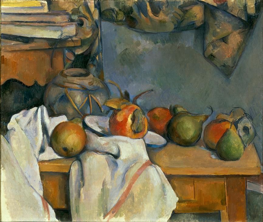 Paul Cézanne, Nature morte au pot de gingembre (Stillleben, Äpfel, Birnen, Früchte, Obst, Ingwertopf, Tisch, Tischtuch,    Impressionismus, Wunschgröße, Wohnzimmer, Esszimmer, Klassiker,)