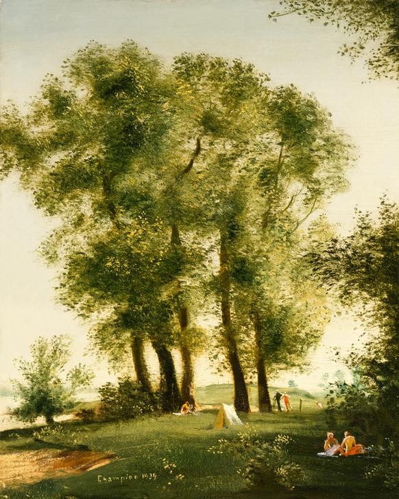 Theo Champion, Unbekannt (Landschaft, Natur, Wiese, Sommer, Freizeit, Picknik, Bäume, Idylle, Neoimpressionismus, Moderne, Wunschgröße, Wohnzimmer)
