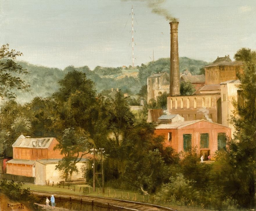 Theo Champion, Unbekannt (Fabrik, Industrie, Schornstein, Färberei, Industrielandschaft, Realismus, Moderne, Wunschgröße, Wohnzimmer)