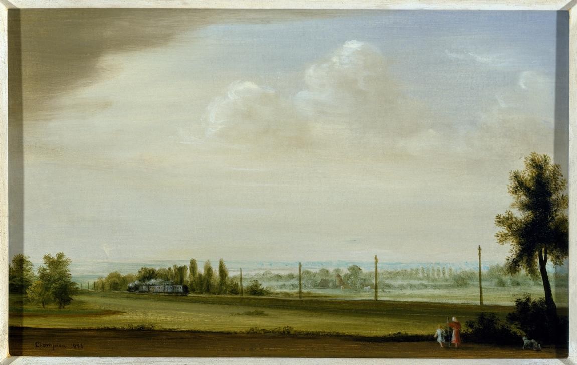Theo Champion, Unbekannt (Landschaft, Landschaftsmalerei, Ebene, Weite, Bahnstrecke, Spaziergänger, Panorama, Realismus, Moderne, Wunschgröße, Wohnzimmer)