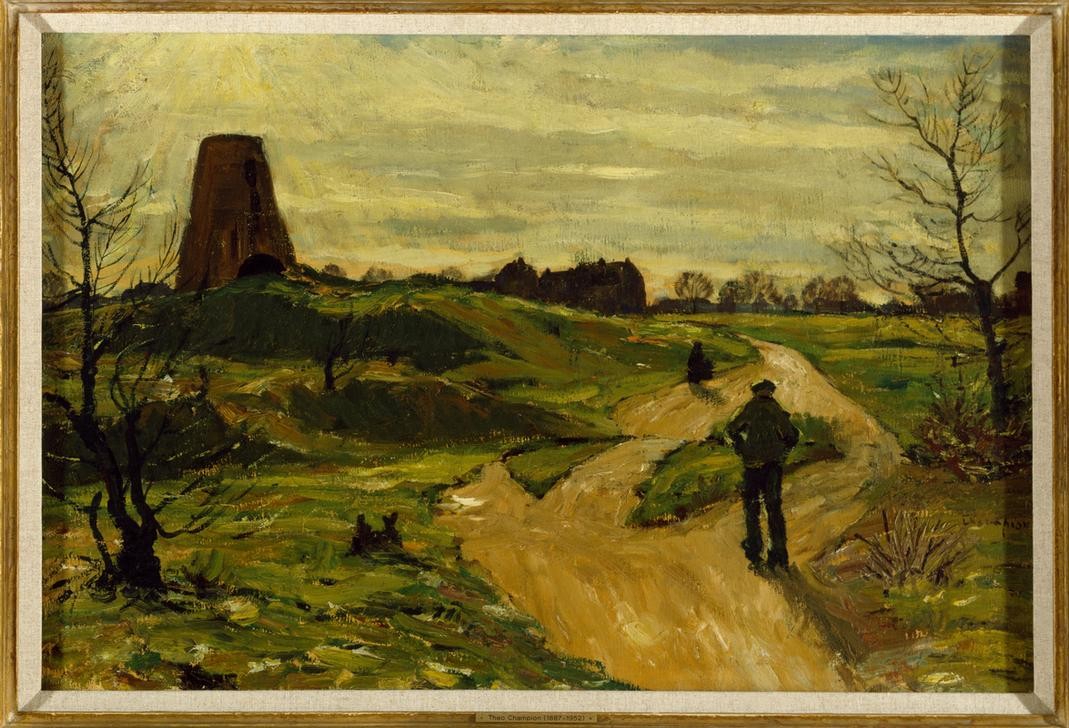 Theo Champion, Unbekannt (Landschaft, Landschaftsmalerei, Weg, Natur, Mühle, Horizont, Spaziergänger, Neoimpressionismus, Moderne, Wunschgröße, Wohnzimmer)