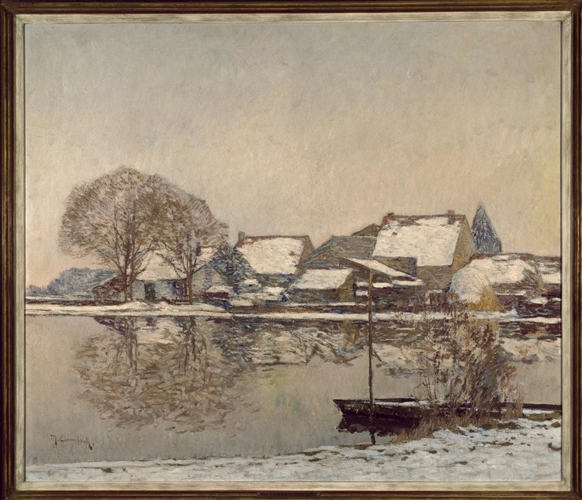 Max Clarenbach, Unbekannt (Winter, Schnee, Landschaft, Landschaftsmalerei, Fluss, Boot, Ufer, Dorf, Jahreszeit, Spiegelungen, Reflexionen, Impressionismus, Wunschgröße, Klassiker, Wohnzimmer)