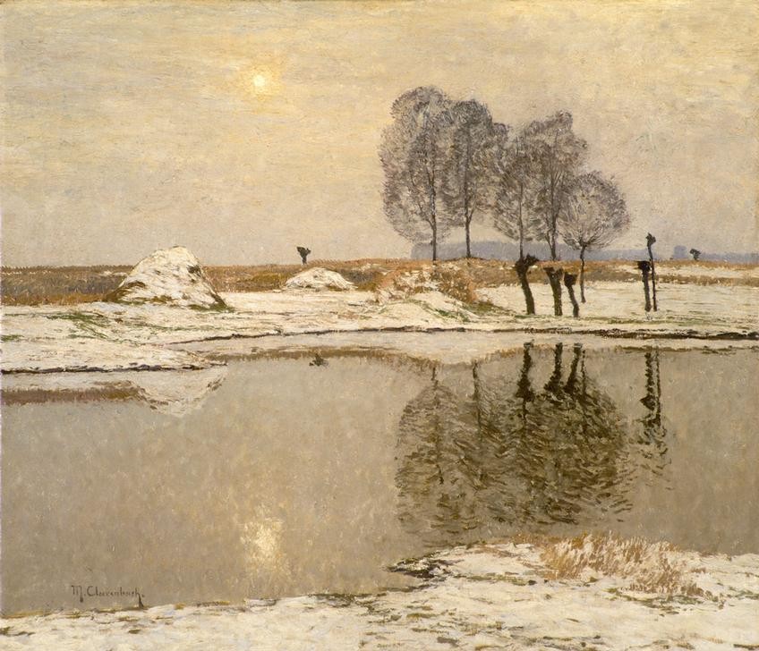 Max Clarenbach, Unbekannt (Landschaft, Landschaftsmalerei, Fluss, Bäume, Reflexionen, Spiegelungen, Winter, Jahreszeit, Schnee, Stille, Ruhe, Impressionismus, Wunschgröße, Klassiker, Wohnzimmer)