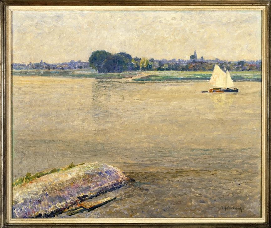 Max Clarenbach, Unbekannt (DEUTSCHE KUNST, GEWÄSSER, HIMMEL (NATUR), KUNST, LANDSCHAFT, SCHIFF, IMPRESSIONISMUS, SEGELBOOT, FLUSS, HORIZONT, PRIVATSAMMLUNG)