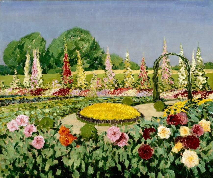 Max Clarenbach, Unbekannt (Landschaft, Landschaftsmalerei, Garten, Ziergarten, Frühling, Jahreszeit, Blumen, Königskerzen, Impressionismus, Wunschgröße, Klassiker, Wohnzimmer)