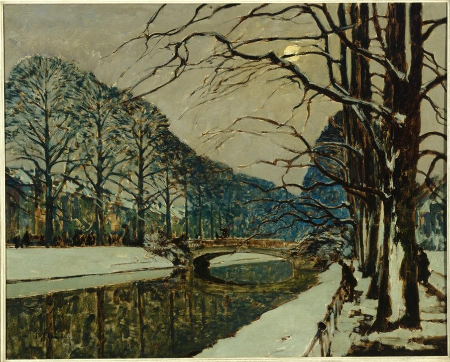 Max Clarenbach, Unbekannt (Winter, Schnee, Landschaft, Landschaftsmalerei, Fluss, Brücke, Bäume, Jahreszeit, Spiegelungen, Reflexionen, Impressionismus, Wunschgröße, Klassiker, Wohnzimmer)