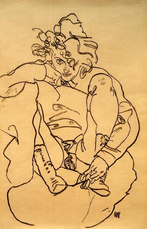 Egon Schiele, Hockende Frau in Stiefeln (Erotik,Frau,Kunst,Pornographie,Akt,Expressionismus,Stiefel,Österreichische Kunst,Erotische Kunst,Sexualität,Halbakt,Schamhaar,Entblössung,Hocken,Schnürstiefelette,Blick (Allgemein))