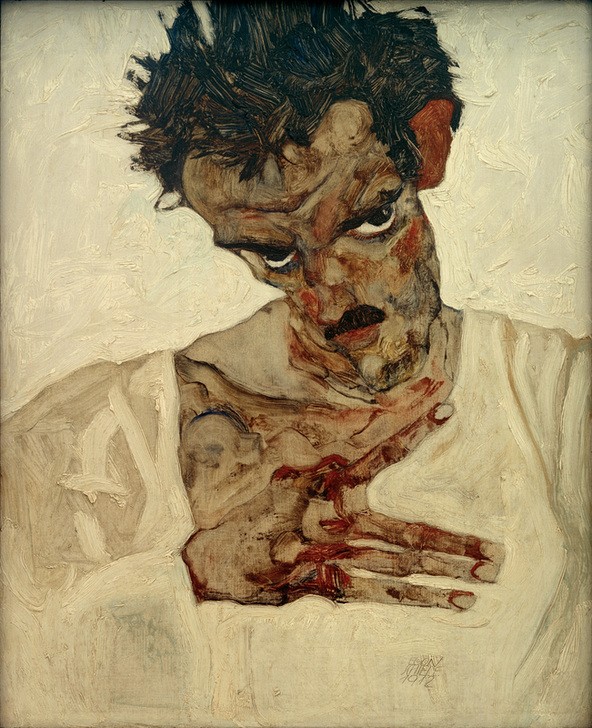 Egon Schiele, Selbstbildnis mit gesenktem Kopf (Künstler,Kunst,Maler (Künstler),Mann,Zeichner,Selbstbildnis,Hand,Portrait,Expressionismus,Jungverstorbene,Person)