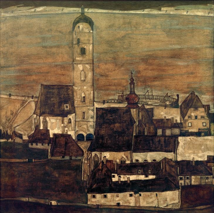 Egon Schiele, Stadt Stein II (Architektur,Geographie,Jugendstil,Kirche,Kunst,Stadt,Stein,Kleinstadt,Expressionismus,Stadtansicht,Architekturdarstellung,Österreichische Kunst,Kirchturm,Topographie)