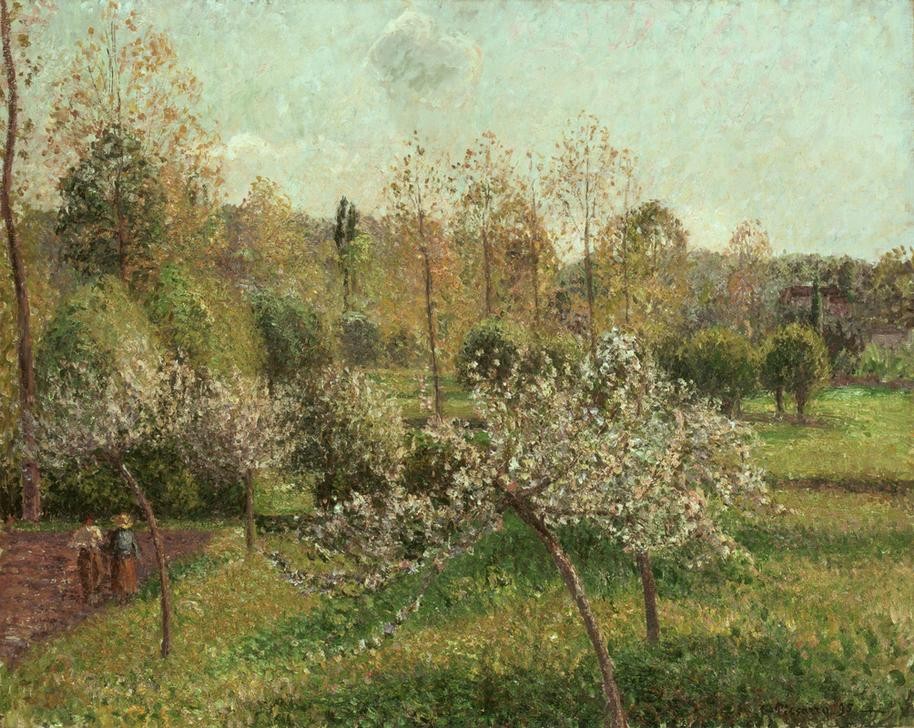 Camille Pissarro, Blühende Apfelbäume in Eragny (Apfel,Baumblüte,Frau,Gärtner,Jahreszeiten,Kunst,Landschaft,Mann,Mensch,Obstbau,Gemüsegarten,Obstgarten,Impressionismus,Frühling,Baum,Wiese,Gartenarbeit,Schule Von Barbizon,Französische Kunst,Apfelbaum,Menschen Im Garten,Blüte,Jahrhundertwende,Feldarbeit,L)