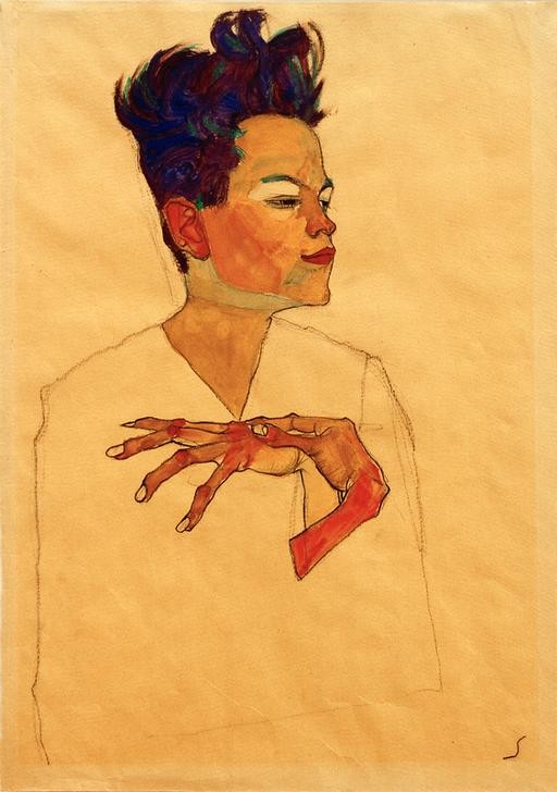 Egon Schiele, Selbstporträt mit an die Brust gelegten Händen (Künstler,Kunst,Maler (Künstler),Mann,Zeichner,Selbstbildnis,Hand,Portrait,Expressionismus,Österreichische Kunst,Halbfigur,Person,Dreiviertelprofil)