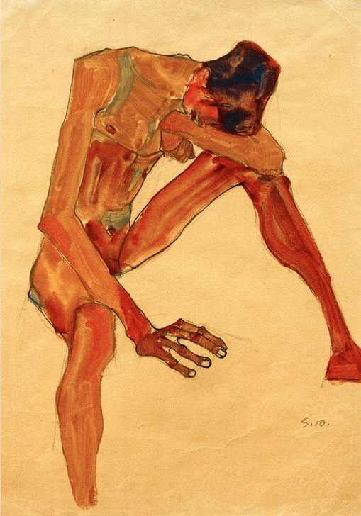 Egon Schiele, Sitzender Männerakt (Kunst,Mann,Akt,Expressionismus,Österreichische Kunst,Sitzen,Kopf Stützen,Ganzfigurig)