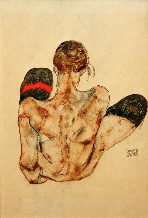 Egon Schiele, Sitzender weiblicher Rückenakt mit rotem Strumpfband (Frau,Kunst,Akt,Expressionismus,Rückenakt,Strumpfband,Rückenfigur,Österreichische Kunst,Damenstrumpf,Sitzen,Rot)