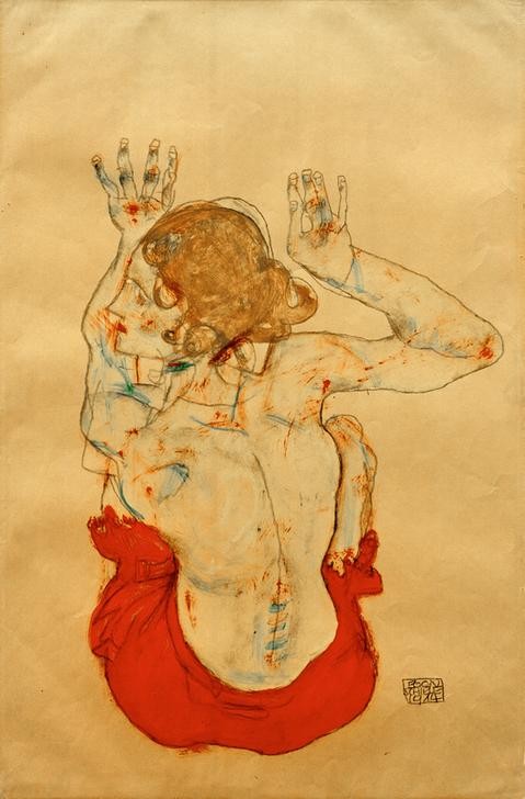 Egon Schiele, Sitzender weiblicher Rückenakt mit rotem Rock (Frau,Kunst,Akt,Hand,Expressionismus,Rückenakt,Rückenfigur,Österreichische Kunst,Profil,Rock,Sitzen,Rot)