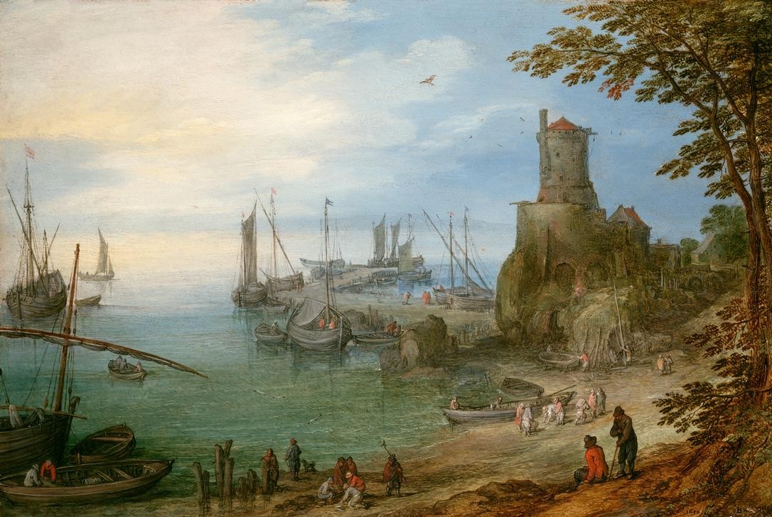 Jan Brueghel der Ältere, Eine Hafenszene, überblickt von einem Wachturm, mit Fischern beim Ausladen ihres Fanges (Fischerei,Flämische Kunst,Hafen,Küste,Kunst,Landschaft,Mole,Schiff,Segelschiff,Strand,Transport,Turm,Volkskunde,Fischerboot,Meer,Segelboot,See,Barock,Fisch,Architekturdarstellung,Niederländische Kunst,Landungsstelle,Landbevölkerung,Entladen,Land Und Leute)