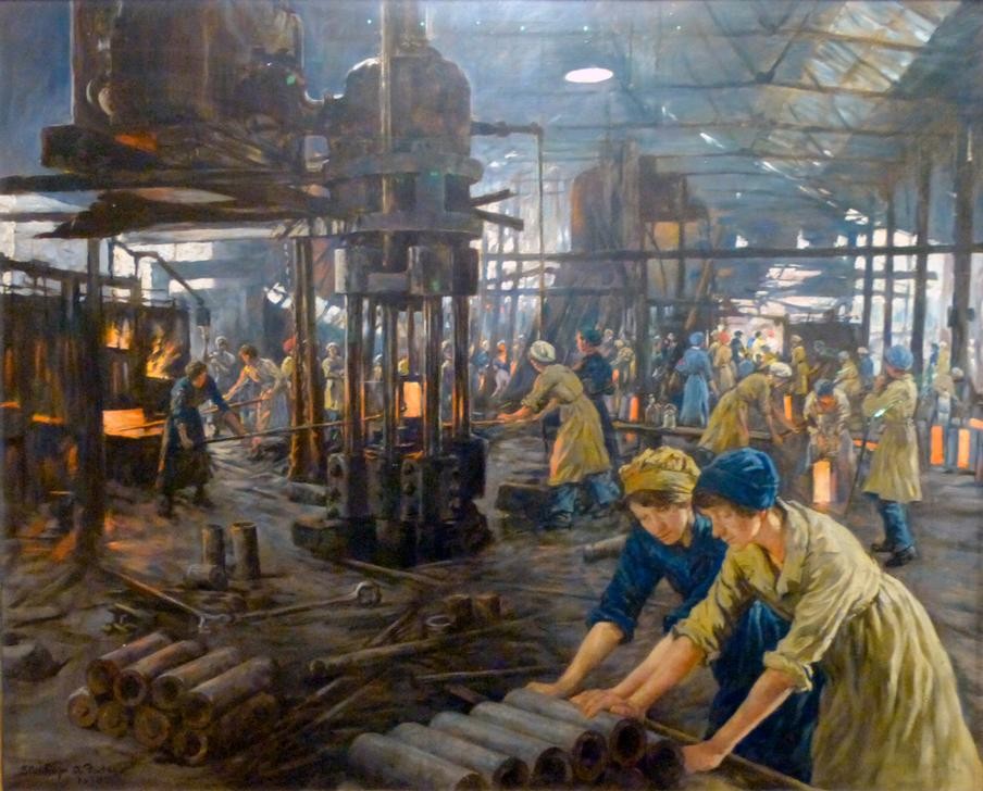 Stanhope Forbes, The Munitions Girls (Fabrik, Halle, Produktion, Munition, Frauenarbeit, Krieg, Industrie, Postimpressionismus, Wunschgröße, Wohnzimmer, Klassiker)