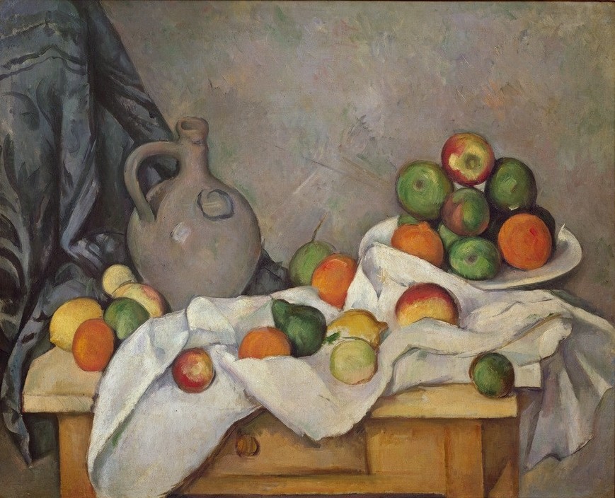 Paul Cézanne, Rideau, cruchon et compotier (Stillleben, Äpfel, Birnen, Früchte, Obst, Kanne, Krug, Tisch, Tischtuch, Obstteller,  Impressionismus, Wunschgröße, Wohnzimmer, Esszimmer, Klassiker,)