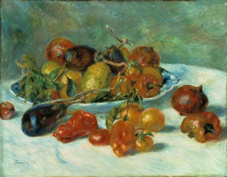 Pierre-Auguste Renoir, Les Fruits au Midi (Gemüse,Kunst,Obst,Paprika,Impressionismus,Nahrungsmittel,Stillleben,Französische Kunst,Aubergine)