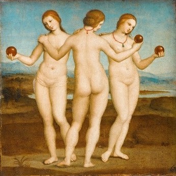 Raffael, Die drei Grazien (Frau,Gruppenbild,Kunst,Mädchen,Mythologie,Schönheit,Renaissance,Akt,Bilderrahmen,Rückenakt,Italienische Kunst,Antikenrezeption,Drei,Anmut,Ganzfigurig,Griechisch-Römische Mythologie)