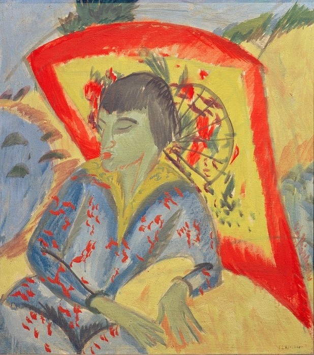 Ernst Ludwig Kirchner, Erna mit Japanschirm (Japanerin) (Deutsche Kunst,Frau,Mensch,Seebad,Strand,Portrait,Expressionismus,Sonnenschirm,Die Brücke,Japanmode)