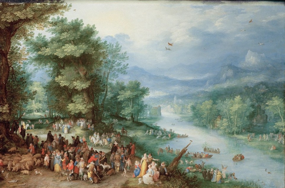 Jan Brueghel der Ältere, Landschaft mit dem jungen Tobias (Flämische Kunst,Gesellschaft,Landschaft,Spaziergang,Fluss,Altes Testament,Bibel,Manierismus,Weltlandschaft,Niederländische Kunst,Menschenmenge,Im Freien (Allgemein),Tobias Und Der Engel,Luftperspektive,Jüdisch-Christlich)