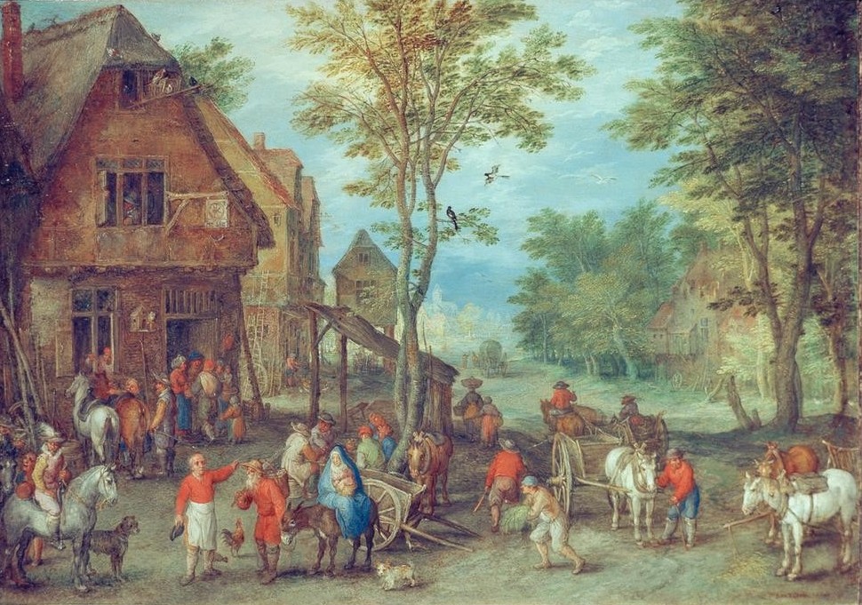 Jan Brueghel der Ältere, Suche nach einer Herberge (Christentum,Dorfstrasse,Dorf,Flämische Kunst,Gasthausschild,Gasthaus,Pferdewagen,Religion,Volkskunde,Gastwirt,Neues Testament,Bibel,Manierismus,Niederländische Kunst,Maria Und Joseph,Kindheit Jesu,Land Und Leute,Fuhrwerk)