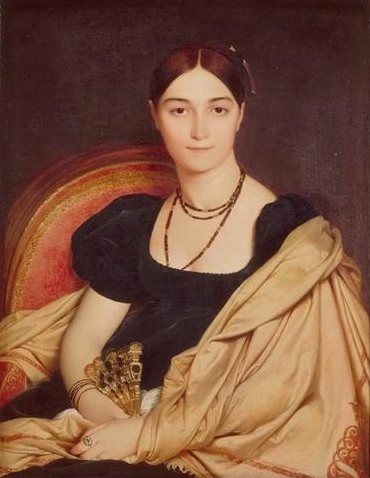 JEAN-AUGUSTE-DOMINIQUE INGRES, Antonia Devauçay de Nittis (Damenmode,Fächer,Frau,Kunst,Mensch,Mode,Schönheit,Klassizismus,Portrait,Halskette,Bilderrahmen,Empire,Französische Kunst,Accessoires,Sitzen,Puffärmel,Junge Frau,Mittelscheitel,Halbfigur,Faltenwurf,Umschlagtuch,Frisur)