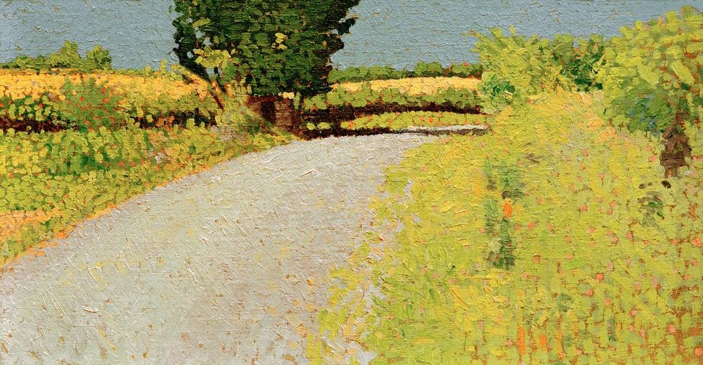 Charles Angrand, Chemin à la campagne  (Landschaft, Landschaftsmalerei, Weg, Einsamkeit, Natur, Impressionismus, moderne Klassiker, Pointilismus, Malerei, Wunschgröße, Wohnzimmer, bunt)