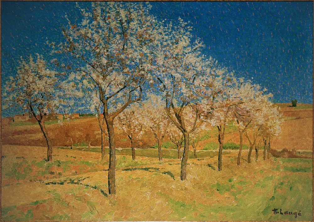 Achille Lauge, Paysage aux arbres fleurissants  (Landschaft, Frühling, Bäume, Blühende Bäume, Felder, Pointillismus, Klassische Moderne, Wohnzimmer, Treppenhaus, Wunschgröße, bunt)