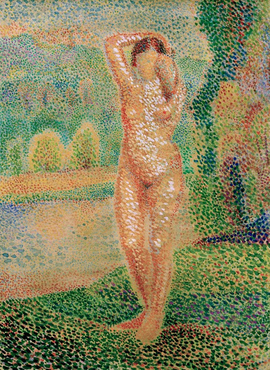 Hippolyte Petitjean, Baigneuse  (Badende, nackte Frau, Aktmalerei, Fluss, Ufer, Landschaft, Pointilismus, klassische Moderne, Wohnzimmer, Wunschgröße)