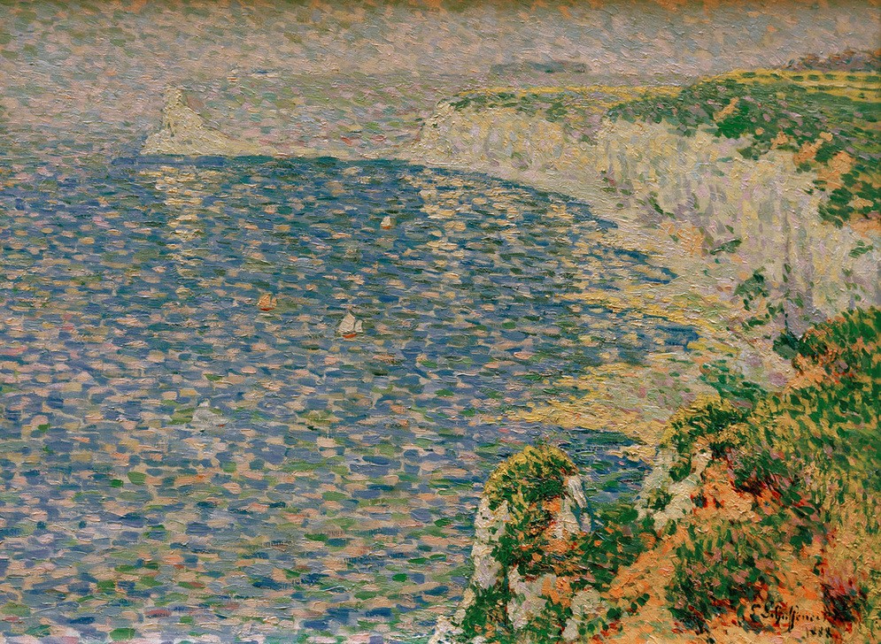Emile Schuffenecker, Blick auf die Klippen bei Étretat  (Landchaftsmalerei, Bucht, Meer, Frankreich, Küste, Steilküste, Pointilismus, Malerei, klassische Moderne, Wunschgröße, Wohnzimmer,)