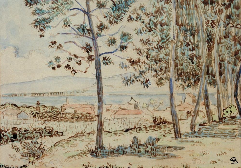 Paul Signac, La cathedrale à Quimperle (Geographie,Impressionismus,Pointillismus,Vedute,Architekturdarstellung,Französische Kunst,Kirchturm,Topographie)