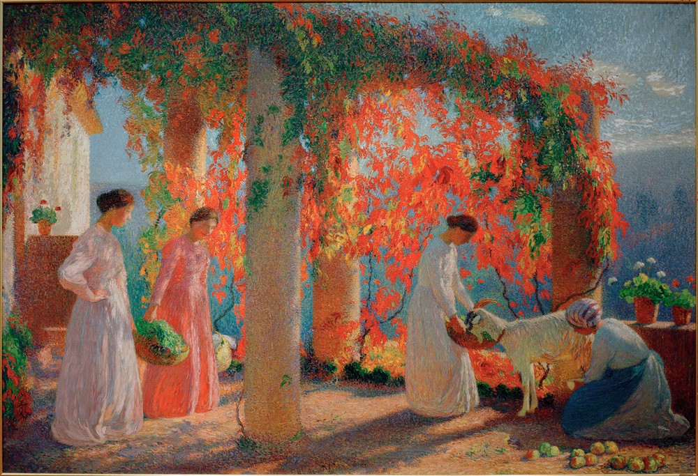 Henri Martin, La pergola à Marquayrol (Menschen, Frauen, Gartenarbeit, Ernte, Ziege, Melken, Terrasse, Sommer, Impressionismus, Pointilismus, Klassische Moderne, Wohnzimmer, Treppenhaus, Wunschgröße, bunt)