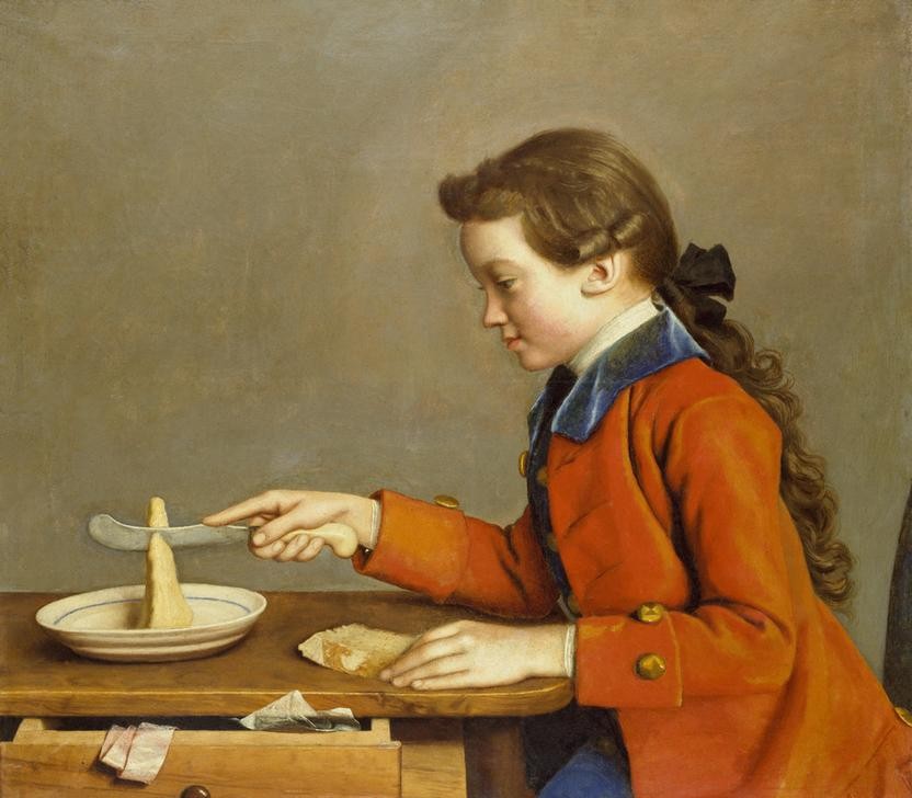 Jean-Étienne Liotard, Sohn d. Künstlers (Genremalerei, Junge, Knabe, Eleganz, Tisch, Essen, Besteck, Brot, Butter, Mensch, Mode, Tafelsitten Rokoko, Frühstück, Portrait, Zopf, Wunschgröße, Wohnzimmer, Esszimmer, Klassiker, Wunschgröße, bunt)
