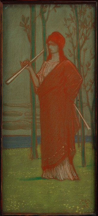 Melchior Lechter, Die Muse am Meer (Blasinstrument,Deutsche Kunst,Frau,Jugendstil,Kunst,Landschaft,Musik,Mythologie,Musen,Meer,Instrument,Antikenrezeption,Ganzfigurig,Personifizierung,Griechisch-Römische Mythologie,Flöte)