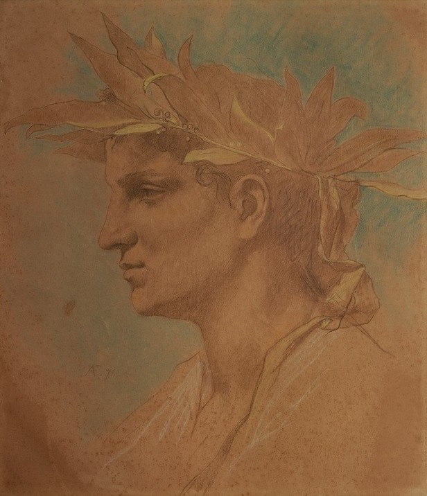 Anselm Feuerbach, Mit Lorbeer bekränzter männlicher Kopf (Deutsche Kunst,Kunst,Mann,Mensch,Lorbeer,Schönheit,Portrait,Lorbeerkranz,Kopfschmuck,Idealportrait,Antikenrezeption,Profil,Kopf,Kranz,Deutschrömer,Junger Mann)