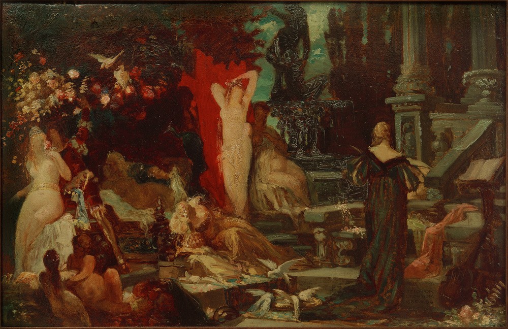 Melchior Lechter, Der Liebesgarten (Deutsche Kunst,Frau,Garten Und Park,Jugendstil,Kunst,Landschaft,Liebe Und Ehe,Mensch,Liebesgarten,Im Freien (Allgemein),Menschen Im Garten,Geselliges Beisammensein,Bildzitat,Garten)