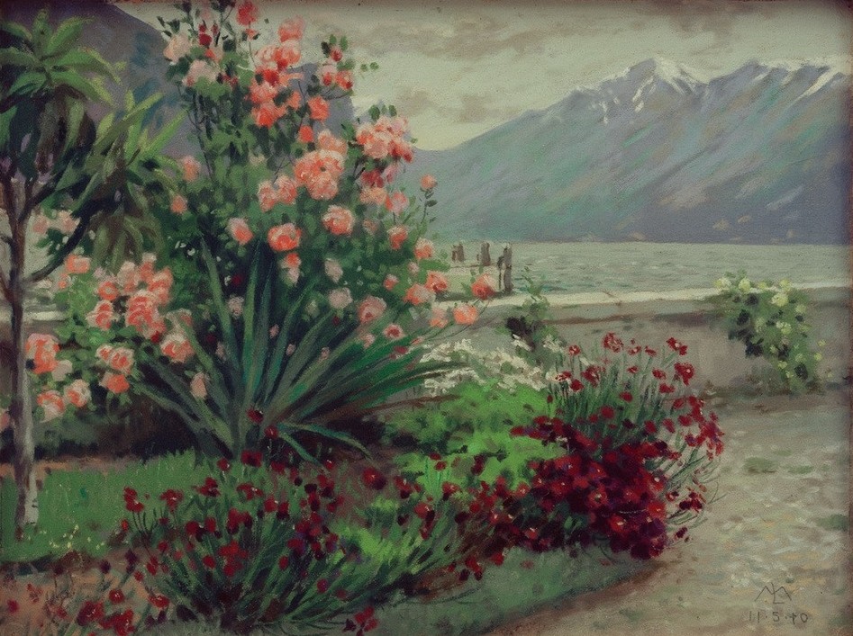 Melchior Lechter, Blumengarten im Frühling am Monte Baldo (Botanik,Deutsche Kunst,Garten Und Park,Gebirge,Geographie,Jahreszeiten,Jugendstil,Kunst,Landschaft,See,Frühling,Hausgarten,Blume,Berg,Topographie,Garten)