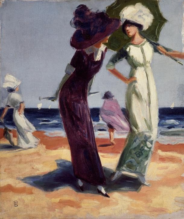 Enrique Martinez Cubells y Ruiz, Am Strand (Damenhut,Damenmode,Frau,Karikatur,Küste,Kunst,Mode,Freizeit,Seebad,Spaziergang,Strand,Hut,Portrait,Reise,Sonnenschirm,Spanische Kunst,Fussgänger,Eleganz,Frauenleben,Doppelportrait,Körperhaltung,Schlankheit,Sandstrand,Unterhaltung (Gespräch))