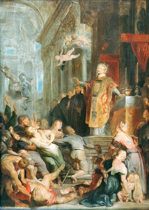 Peter Paul Rubens, Die Wunder des hl. Ignatius von Loyola (Christentum,Flämische Kunst,Katholische Kirche,Ordensstifter,Religion,Szene,Gegenreformation,Barock,Dämon,Theologie,Teufel,Wunder,Heiligenlegende,Niederländische Kunst,Exorzismus,Orden (Gemeinschaft),Heiliger,Jesuiten,Person,Besessenheit)