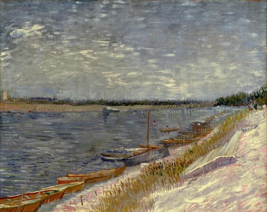 Vincent van Gogh, Les canots amarrés (Boot,Kunst,Landschaft,Ruderboot,Schiff,Impressionismus,See,Fluss,Niederländische Kunst,Holländische Kunst,Ufer,Bootsanlegestelle,Postimpressionismus,Schifffahrt)