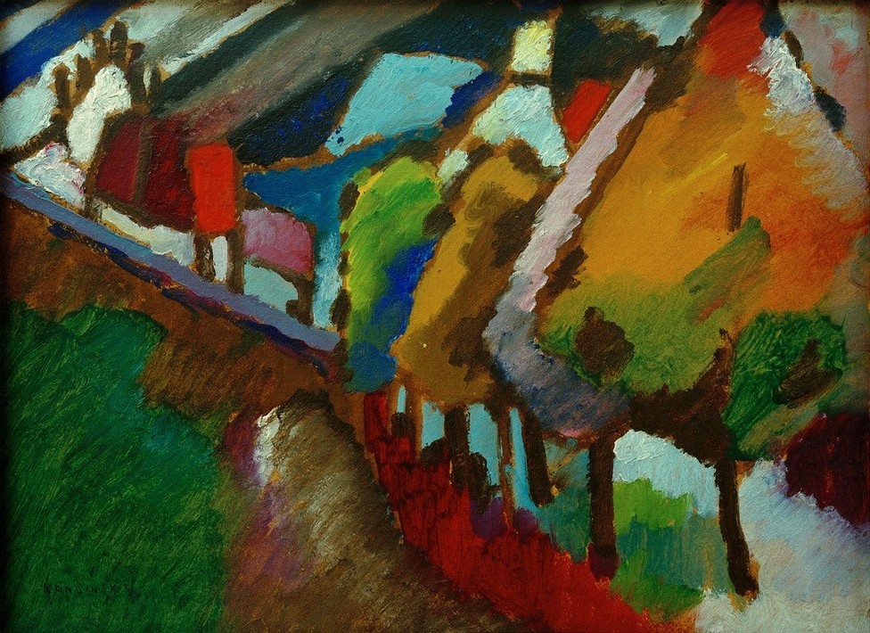 Wassily Kandinsky, Naturstudie aus Murnau III (Dorf,Haus,Kunst,Landschaft,Strasse (Allgemein),Baum,Expressionismus,Der Blaue Reiter,Russische Kunst,Architekturdarstellung,Jahrhundertwende,Strassenbaum)
