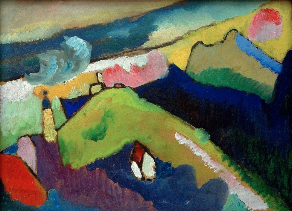 Wassily Kandinsky, Murnau – Berglandschaft mit Kirche (Dorfkirche,Dorf,Gebirge,Kirche,Kunst,Landschaft,Expressionismus,Der Blaue Reiter,Russische Kunst,Hügel,Abstraktion,Berg)