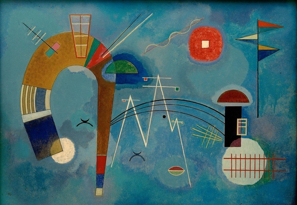 Wassily Kandinsky, Rond et pointu (Architektur,Bauhaus,Geometrie,Kunst,Expressionismus,Geometrisch,Der Blaue Reiter,Abstrakte Kunst,Russische Kunst,Wimpel,Kreis,Dreieck,Abstraktion,Neue Kuenstlervereinigung Muenchen,Viereck,Rechteck,Halbkreis,Quadrat,Form,Farbigkeit,Fahne,Signatur,Farbe)
