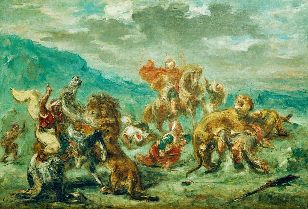 Eugene Delacroix, Löwenjagd (Jagd,Löwe (Tier),Tierarten,Orientalismus,Kampf Zwischen Mensch Und Tier,Löwenjagd,Französische Kunst,Raubkatze,Exotik,Romantik)